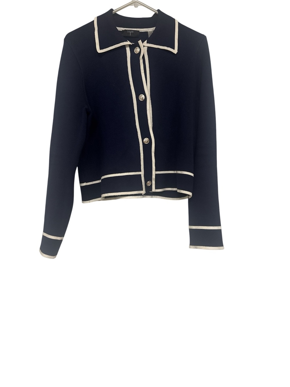 Tahari Navy Knit Jacket with White Trim